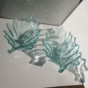 2 large glass leaf dishes